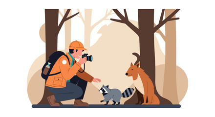Fototapeta premium Photographer Captures Wildlife Moments in Nature, Raccoon and Foz Encounter Scene