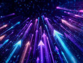Vibrant digital arrows pointing upward in a dynamic light display