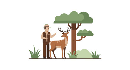 Park Ranger Shows Deer Under The Shade Of A Tree In A Flat Cartoon Illustration