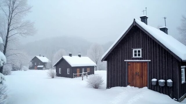 traditional Norwegian wooden houses under the fresh snow