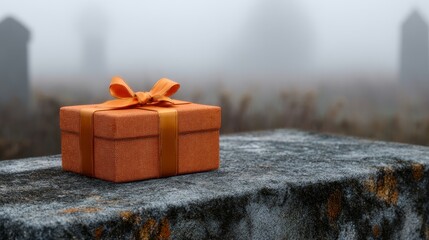 Luxury orange gift box on weathered tombstone surface with mystical fog background
