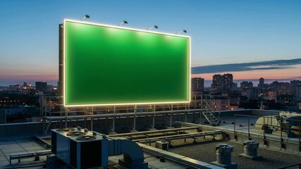 Large adaptable green display billboard on a city rooftop, offering prime advertising space for dynamic digital content, beautifully framed by a sprawling urban landscape at dusk