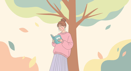 Peaceful Reading Under The Tree: A Serene Illustration in Gentle Pastel Tones