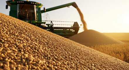 Golden wheat grains form large piles, a combine harvester unloading in the background, symbolizing harvest, abundance, and agricultural industry success