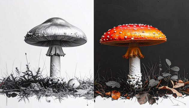 Botanical illustration of two Amanita muscaria mushrooms with vivid red caps, white spots, and natural forest floor details.