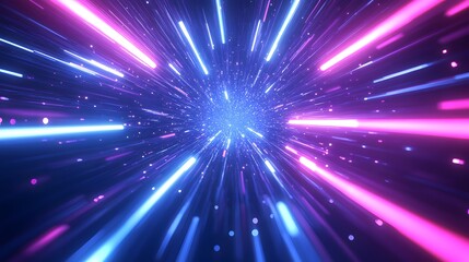 A dynamic, vibrant composition of radiant neon lines converging into a central point, creating a sense of speed and movement.