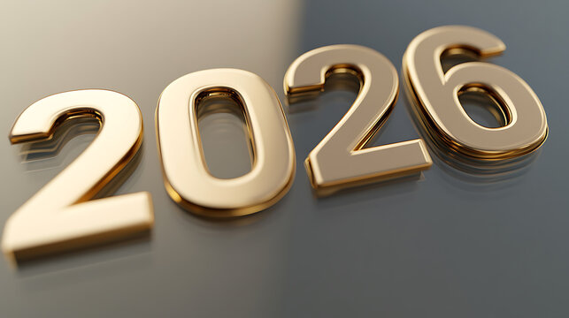 Golden 2026: Year of progress and advancement. Metallic numbers shine, symbolizing a bright future.