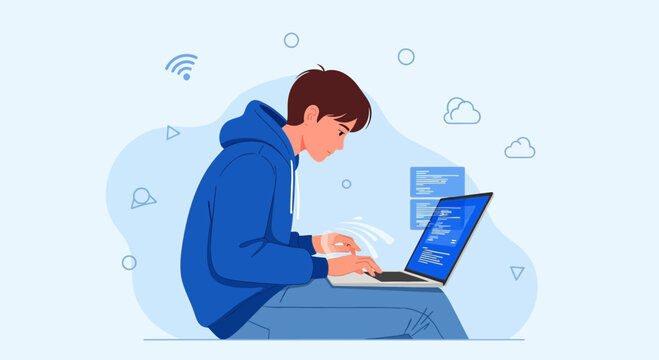Person Focused On Programming; Conceptual Illustration Of Coding And Technology