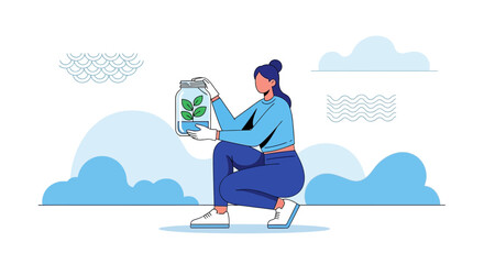 Obraz premium Protecting Earth: Woman Crouching Holding a Jar with Green Plant Inside and Clouds