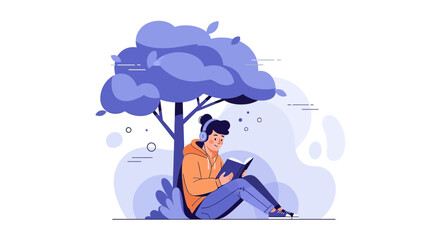 Person Reading Under Tree While Listening Music Enjoying His Audiobook Experience