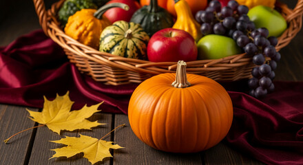 Orange pumpkin on wood, near wicker basket with autumn fruits, grapes, and gourds, yellow maple leaves, maroon fabric background Autumn harvest, Thanksgiving, fall