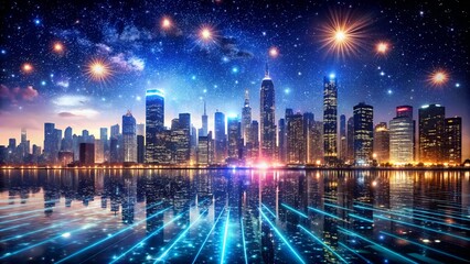Obraz premium Futuristic cityscape with glowing lights and starry night sky