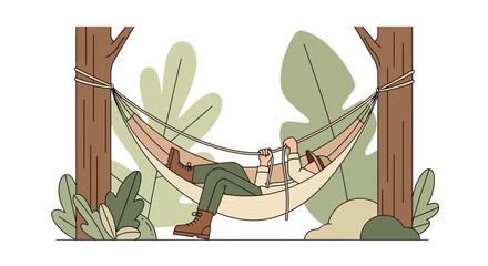 Obraz premium Relaxing Moment, Person Reclining on Hammock Between Trees in a Forest Setting