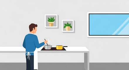 Man Cooking in Modern Kitchen with Minimalist Decor.