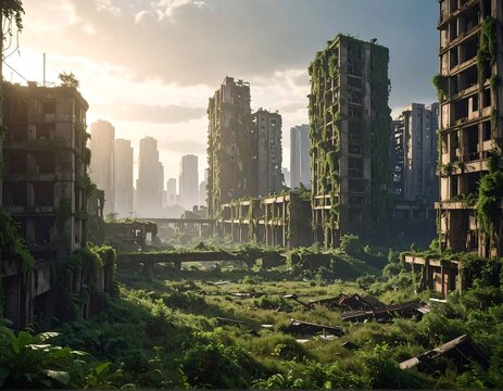 Ruined cityscape overgrown with nature