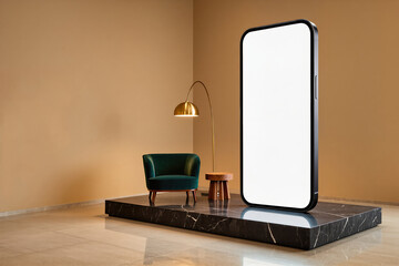 Grand digital portal positioned on a marble stage inside a lounge corner visualizes the concept of a hotel booking app where travelers can instantly browse rooms and confirm reservations online