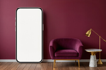 Massive digital frame beside a velvet chair presents the perfect stage for a fashion shopping app where customers can browse collections and make instant purchases directly from their mobile screen
