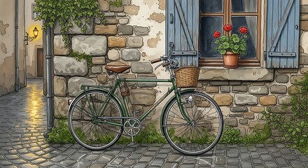 Vintage Bicycle Leaned Against Stone Wall.
