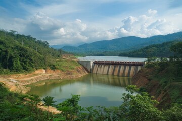 Scenic view of a dam surrounded by mountains and lush greenery during daytime