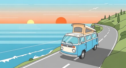 Vintage Camper Van on a Scenic Coastal Road Trip at Sunset.