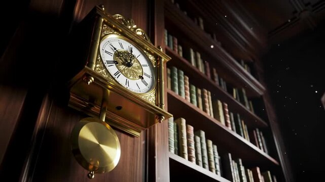 Ornate pendulum clock mounted on a wooden wall with a library background, antique time concept, indoor.
