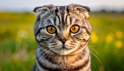 Close-up of a tabby cat in a field