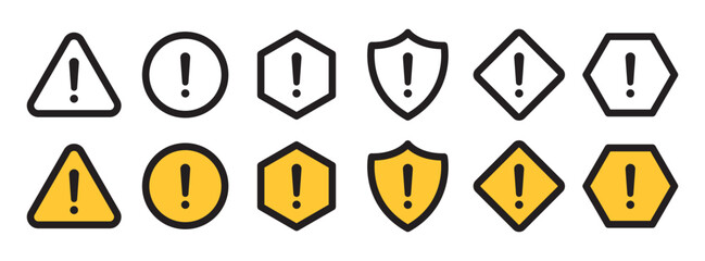 Warning symbols, Caution signs, Alert icons, Exclamation mark set, Safety hazard shapes vector illustration in black and yellow color.
