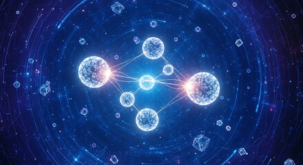 Quantum entanglement and subatomic particles in a vibrant blue energy field, representing advanced science and technology.