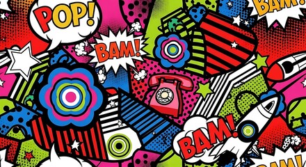 Vibrant Pop Art Collage with Retro Elements and Comic Book Style.