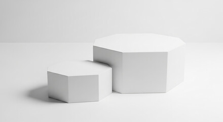 Two white octagonal podiums on a white background, offering blank space for product display or branding, showcasing minimalist elegance and clean design, ideal for presentations