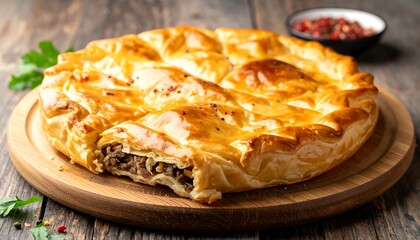 Golden-brown, savory pie on a wooden board