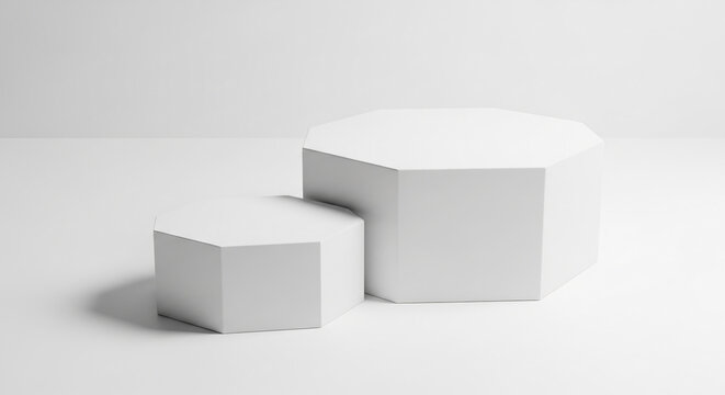 Two white octagonal podiums on a white background, offering blank space for product display or branding, showcasing minimalist elegance and clean design, ideal for presentations