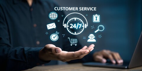 Naklejka premium Customer Service Icons Hovering Over Hand with Laptop in Background