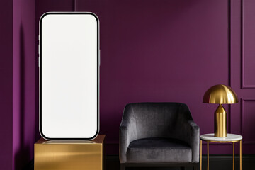 Bold commercial strategy scene with oversized digital frame rising in a refined business corner where leadership decisions and future oriented growth strategies take shape