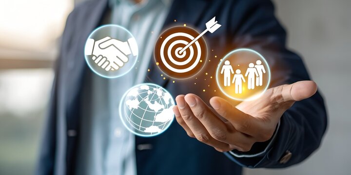 Business icons: handshake, target, globe, and people, held in a hand - Powered by Adobe