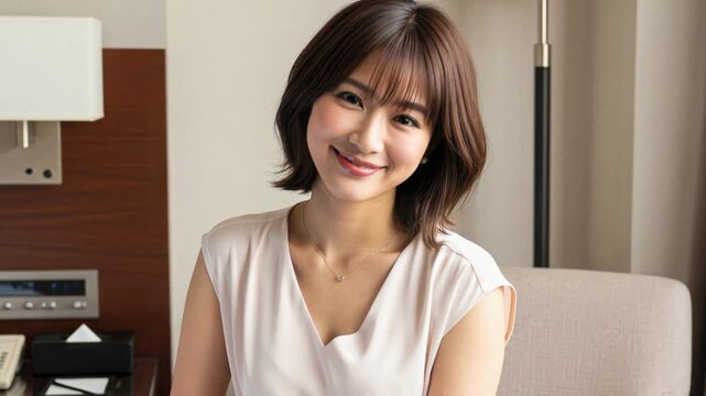 ホテルの客室の椅子に座り、微笑むきれいめな30代女性