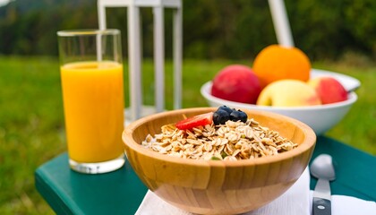 Healthy outdoor breakfast with oatmeal, berries, and fruit