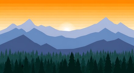 Serene Mountain Range at Sunset with Evergreen Forest.