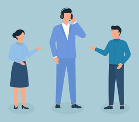 Flat vector illustration of three professionals in conversation, symbolizing teamwork, communication, and collaboration