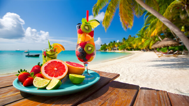 Refreshing tropical fruit cocktail and fresh fruit platter on a beach