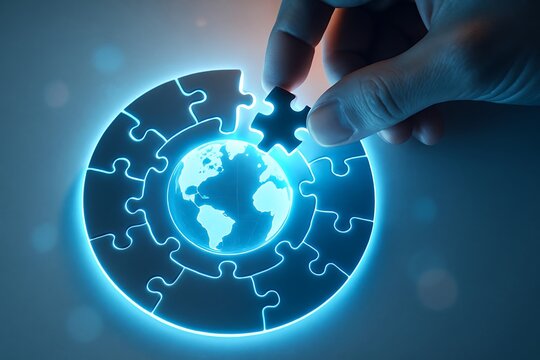 Hand placing the final puzzle piece onto a glowing circular jigsaw puzzle depicting the earth - Powered by Adobe