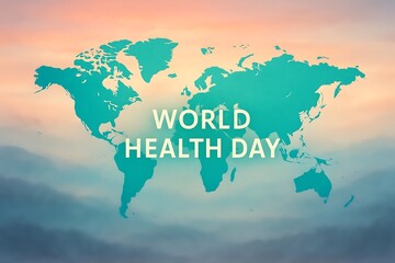 World health day concept with a teal world map silhouette against a soft hazy sky background