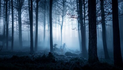 Fototapeta premium Eerie Misty Forest At Night With Volumetric Lighting Generative Ai