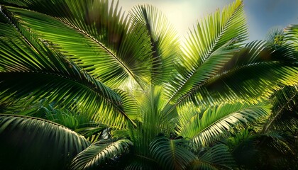 Lush Tropical Palm Trees Vibrant Green Foliage Sunlight Dappled Leaves Light Texture Vacation Vibrant Biodiversity