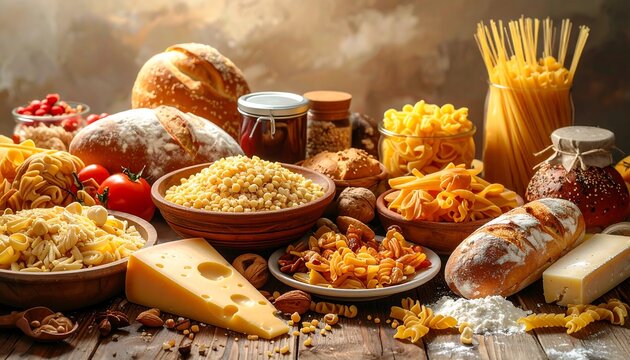 Assorted grains, pasta, bread, and cheese on a rustic wooden table - Powered by Adobe