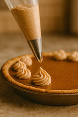 Pumpkin Spice Whipped Cream Piped on Homemade Pumpkin Pie
