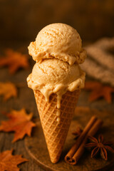 Pumpkin Spice Ice Cream Cone with Melting Scoops