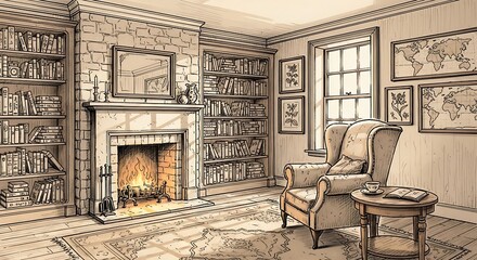 Vintage Library Interior with Fireplace and Armchair.
