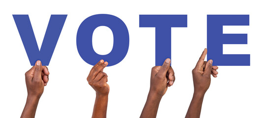 Hands holding letters that form the word vote, isolated on white or transparent background