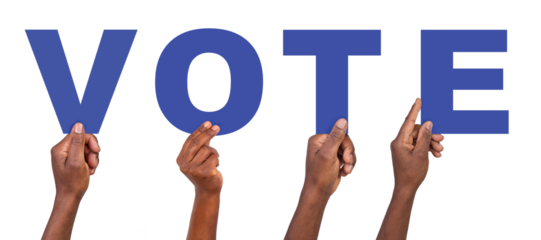 Hands holding letters that form the word vote, isolated on white or transparent background